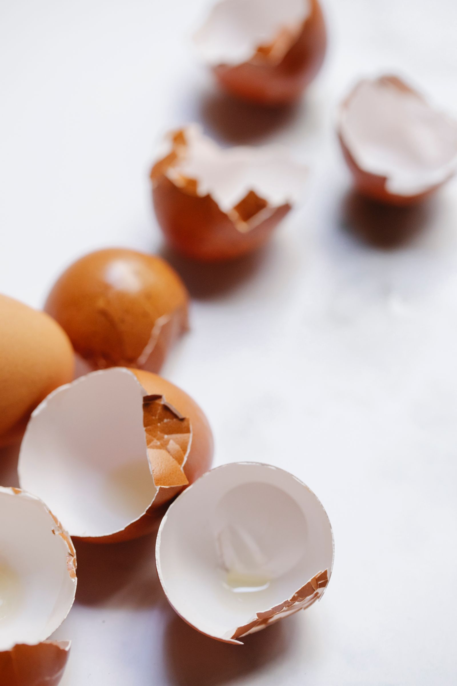 Broken brown eggshells on a white surface